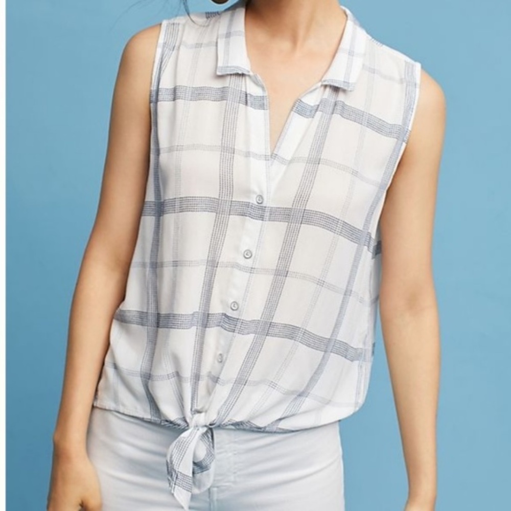 Anthropologie Cloth & Stone Sleeveless Plaid Tie Blouse